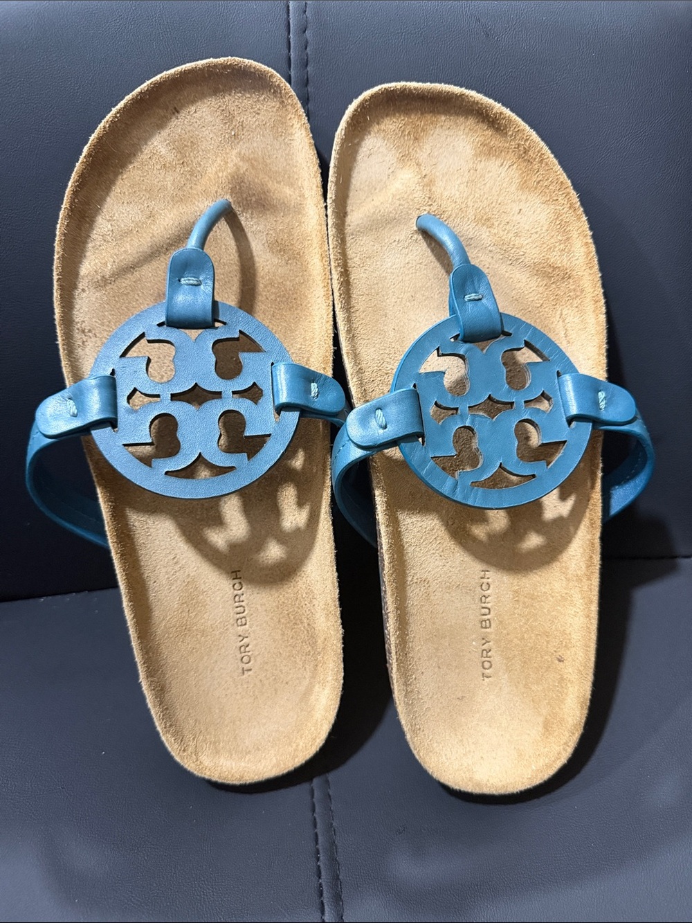Tory Burch Teal Leather Logo Toe-Post Sandals